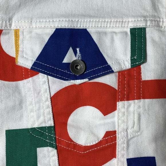 Desigual Multicolor Logo Print White Denim Jean Jacket L Graphic Button Front - Picture 3 of 16